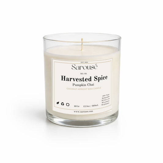 A 12.5 oz glass jar candle with creamy off-white wax and a single wick, featuring a white label with black text that reads 'Sarousé No.