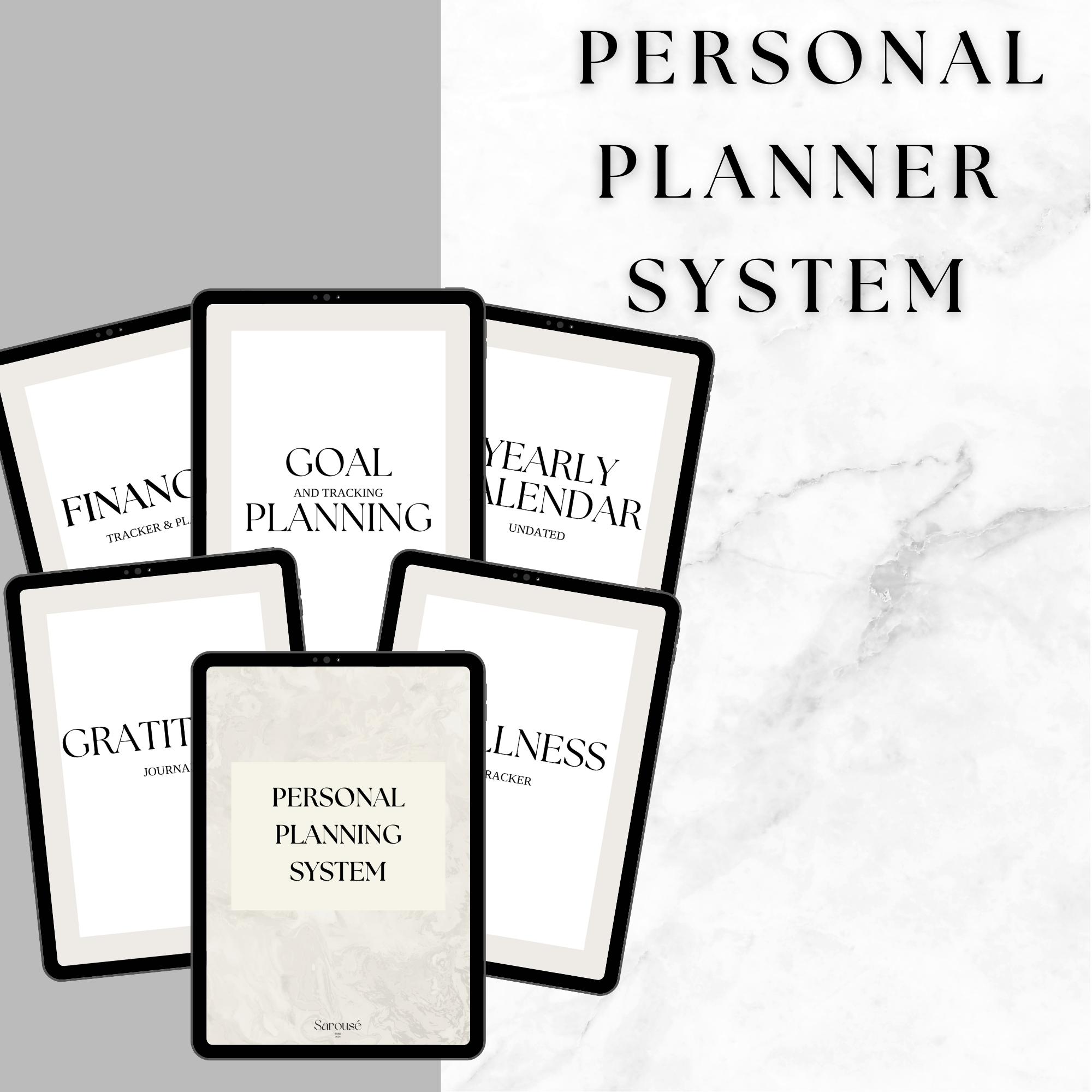 Set of personal planner books with titles on a marble background