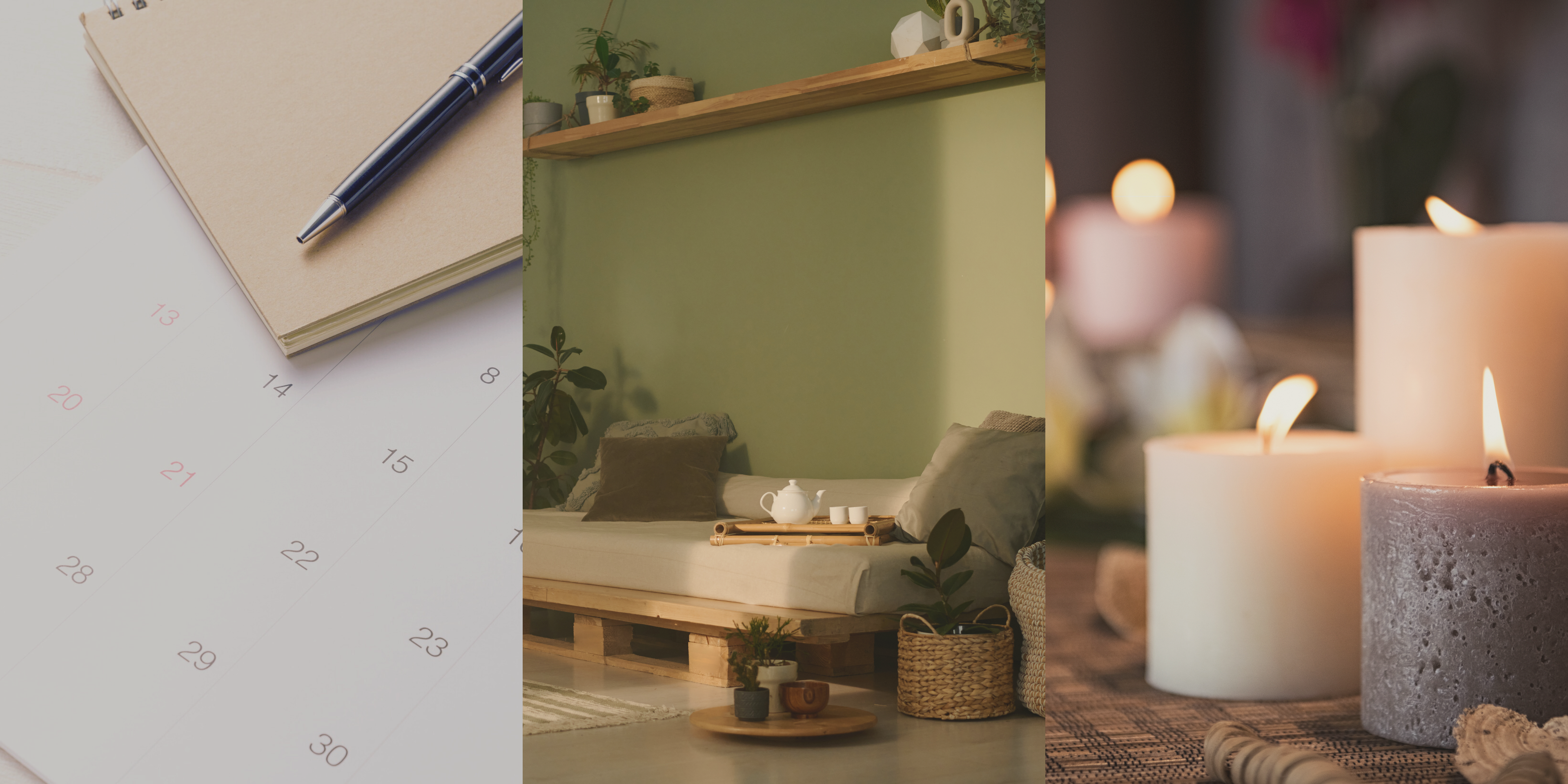 Notebook with pen on a light gray background, followed by a cozy living room scene with candles and plants.
